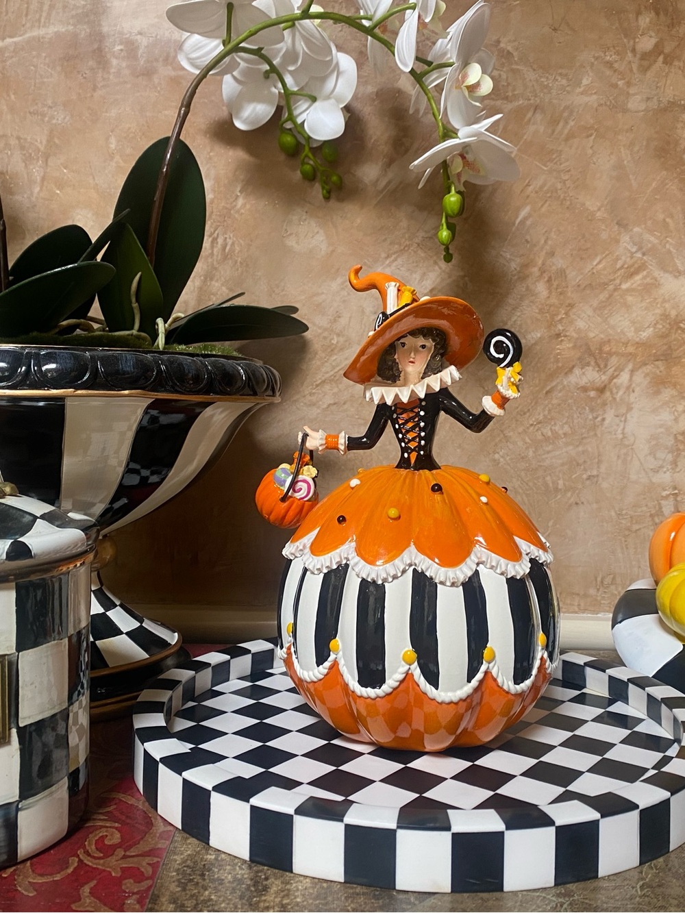 Halloween Witch Pumpkin Figurine - Orange and Black Home Party Decor